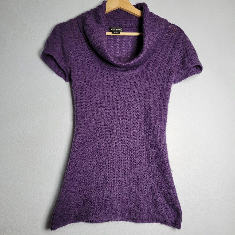 Wet Seal Purple Open Knit Cowl Neck Sweater Top S Y2K Whimsygoth Dark Coquette